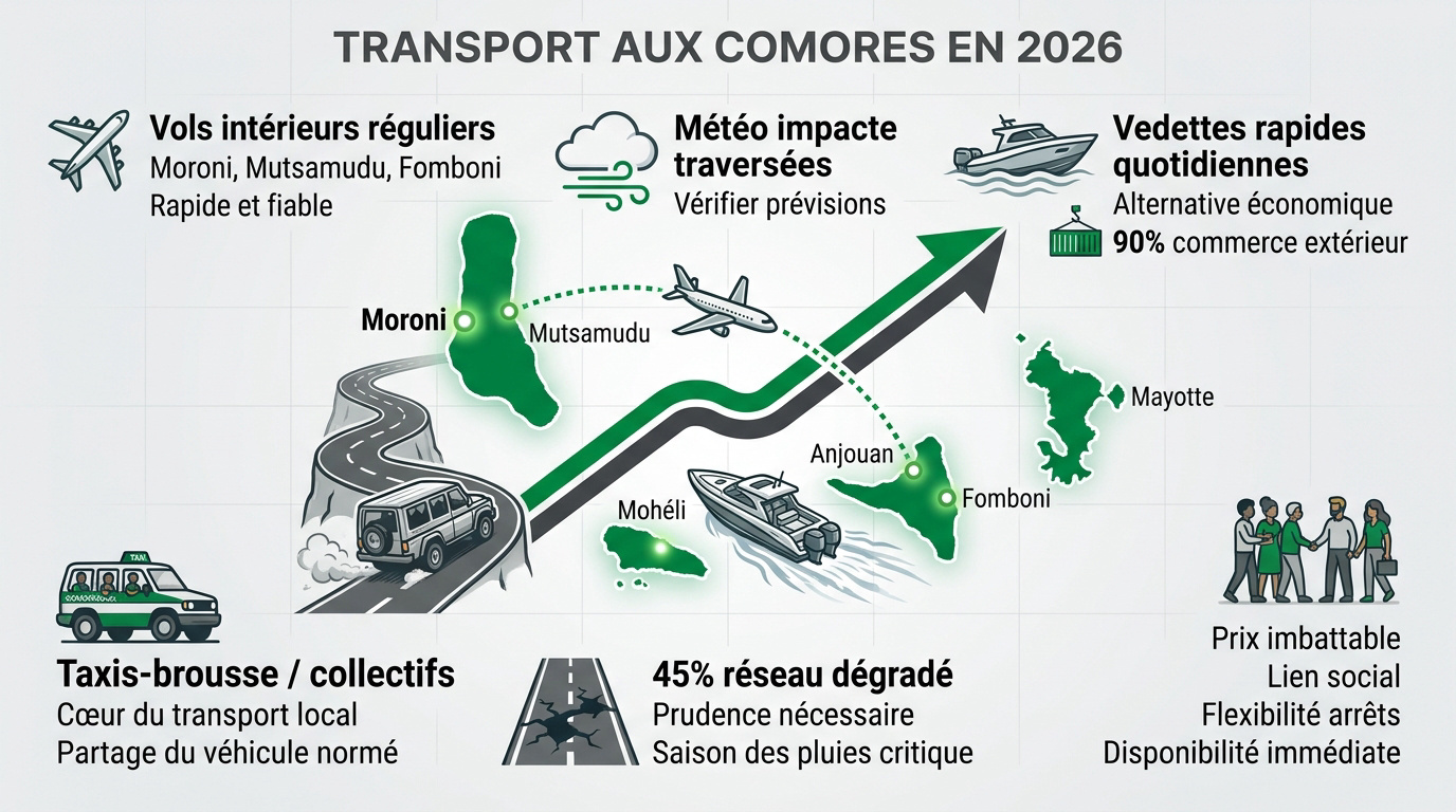 Vue d'un port aux Comores avec des bateaux de transport inter-îles en 2026