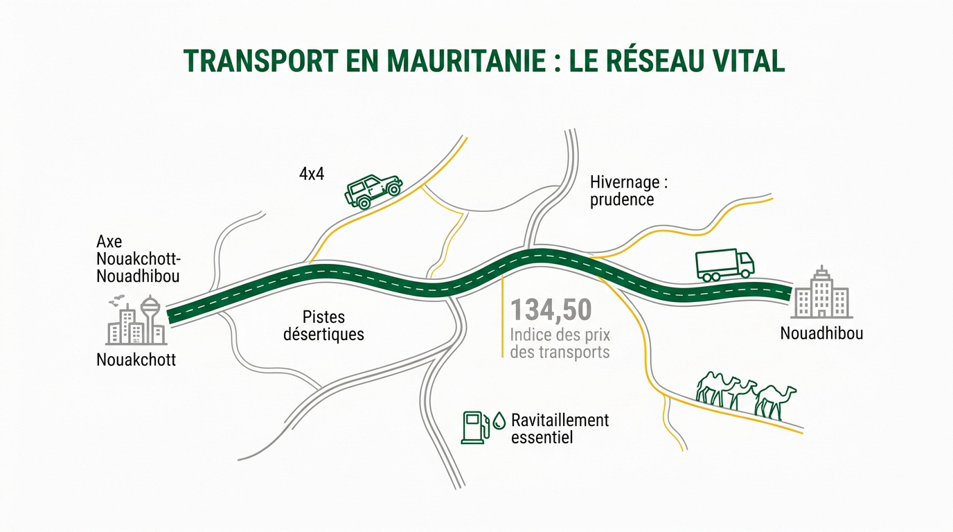 Véhicule circulant sur une route goudronnée en plein désert de Mauritanie