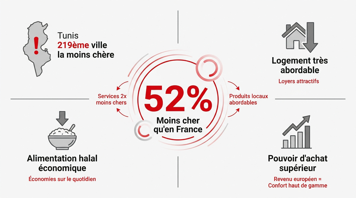 Infographie montrant que le coût de la vie en Tunisie est 52% moins cher qu'en France en 2026