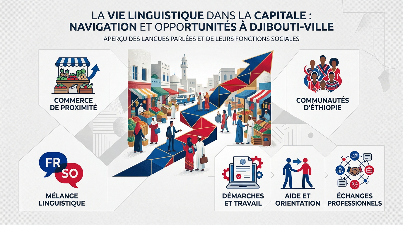 Marché animé à Djibouti illustrant la diversité linguistique entre somali et français