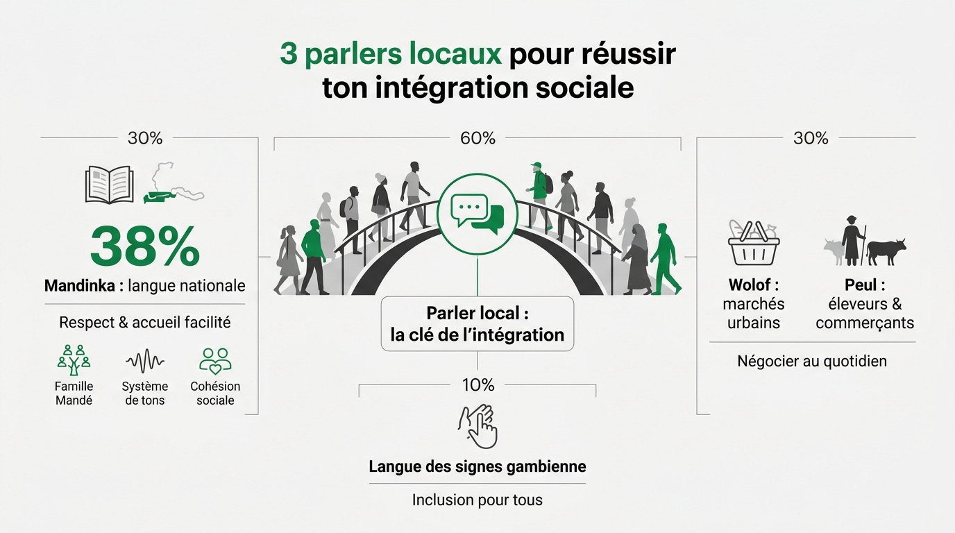Marché local en Gambie où les habitants échangent en langues nationales
