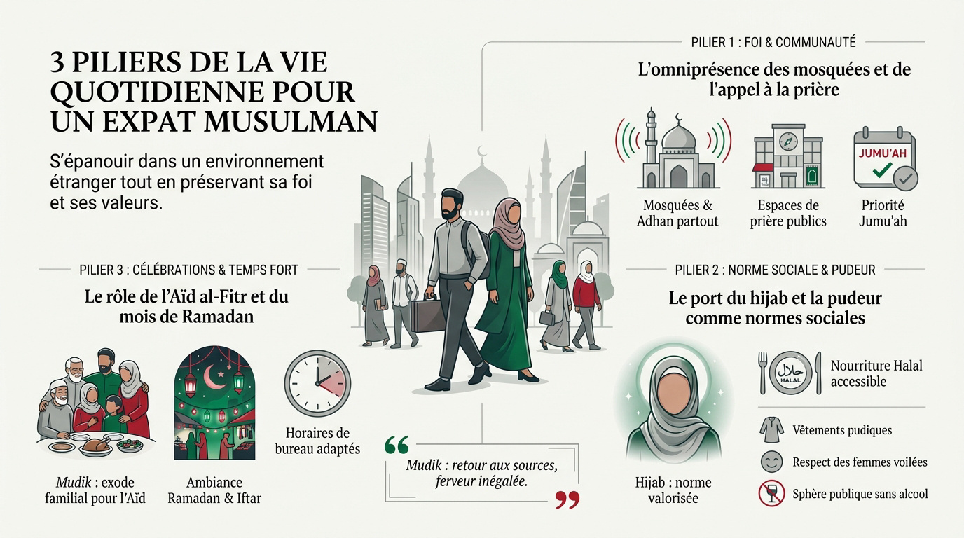 Vie quotidienne d'un expatrié musulman en Indonésie devant une mosquée