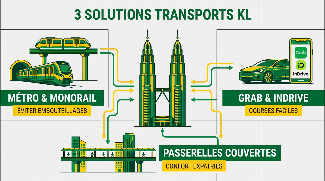 Transports modernes à Kuala Lumpur incluant métro et voitures Grab