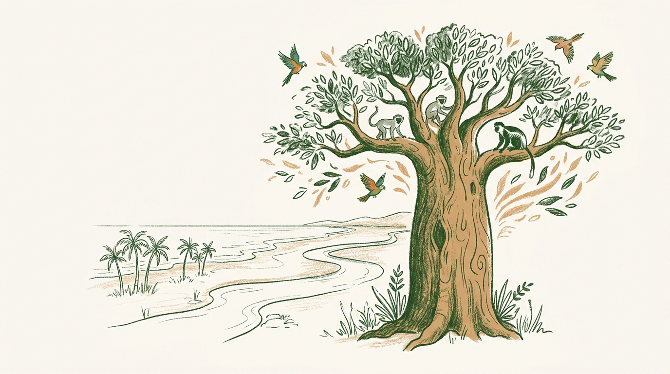 Un baobab majestueux dans la savane sauvage de Gambie sous un ciel apaisant