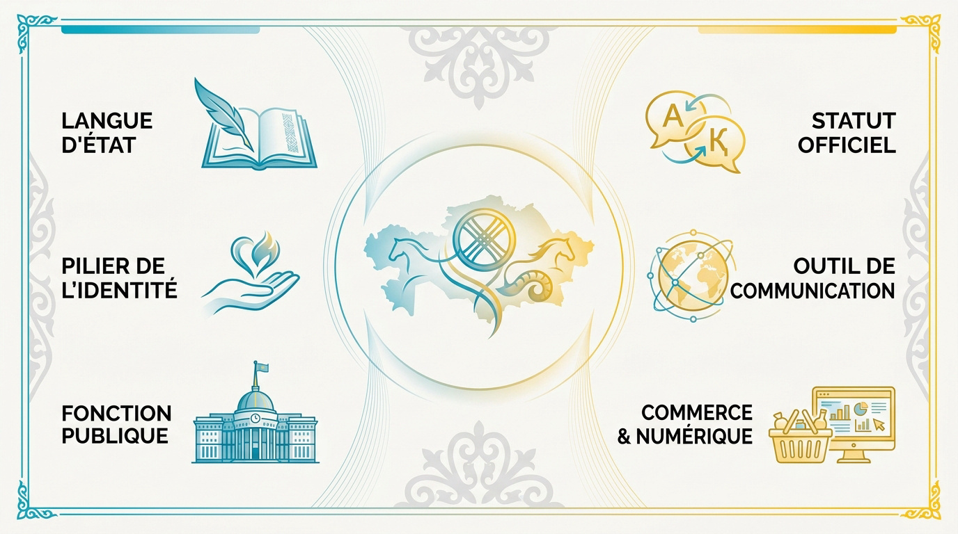 Bilinguisme au Kazakhstan : panneaux d'affichage en kazakh et en russe dans une rue d'Astana