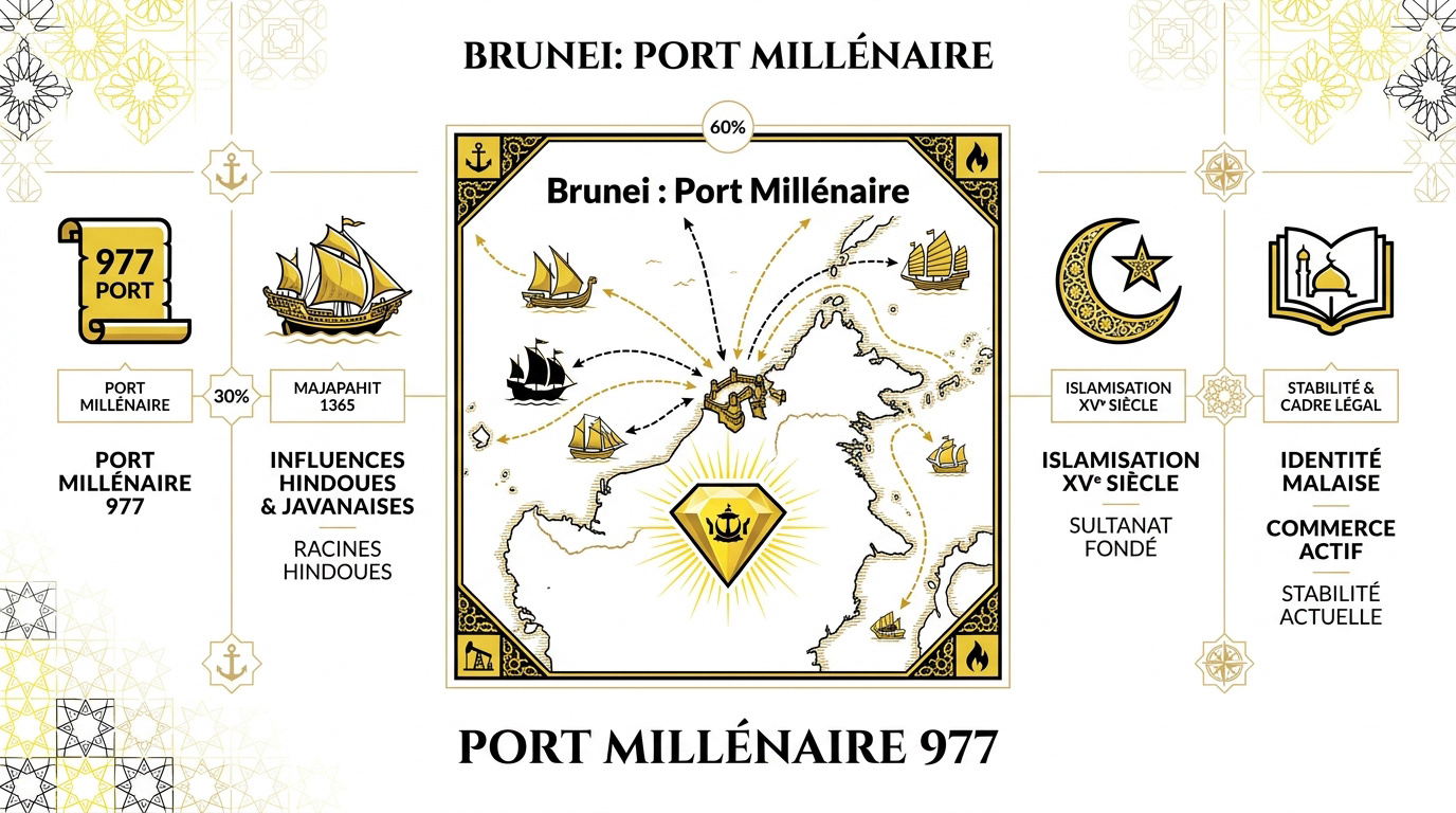 Illustration du port historique de Brunei avec navires de commerce anciens