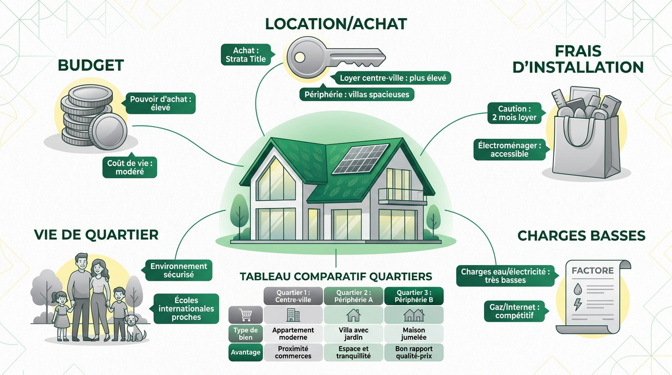 Infographie du budget et du logement pour s'installer à Brunei