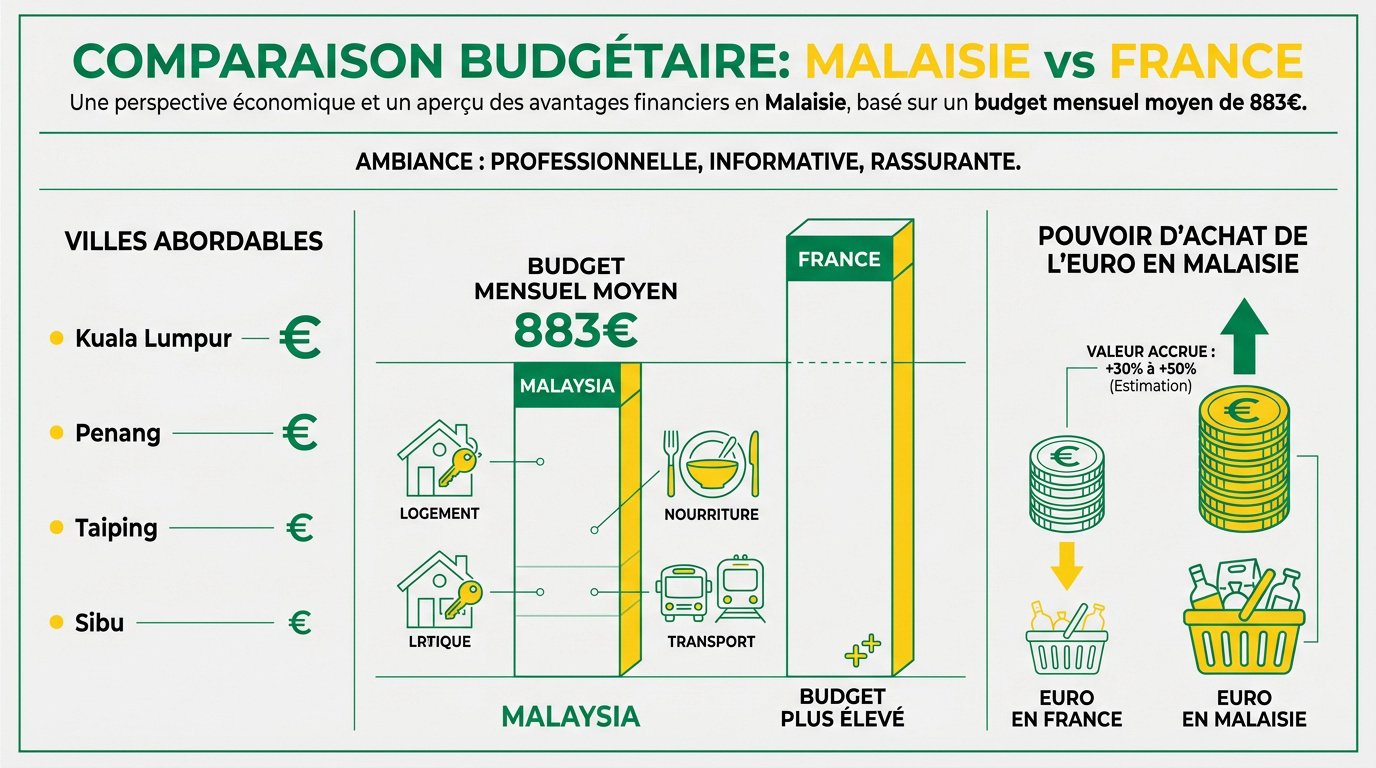Tableau comparatif du budget mensuel entre la Malaisie et la France en 2026