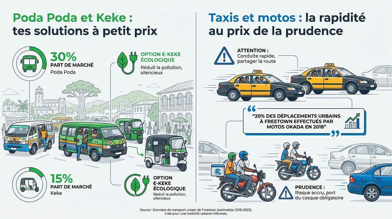 Comparatif des transports urbains à Freetown incluant Poda Poda, Keke et taxis