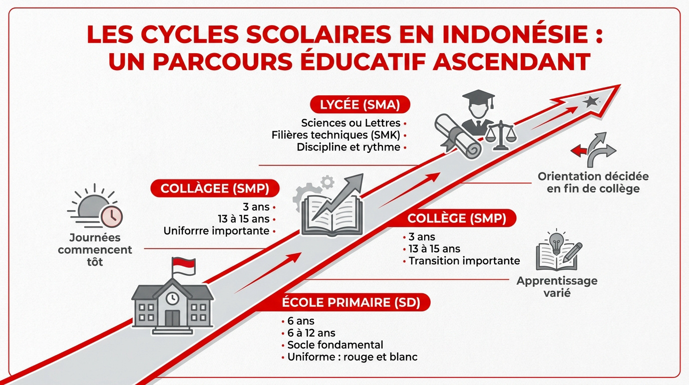 Enfants indonésiens en uniforme scolaire rouge et blanc devant leur école primaire