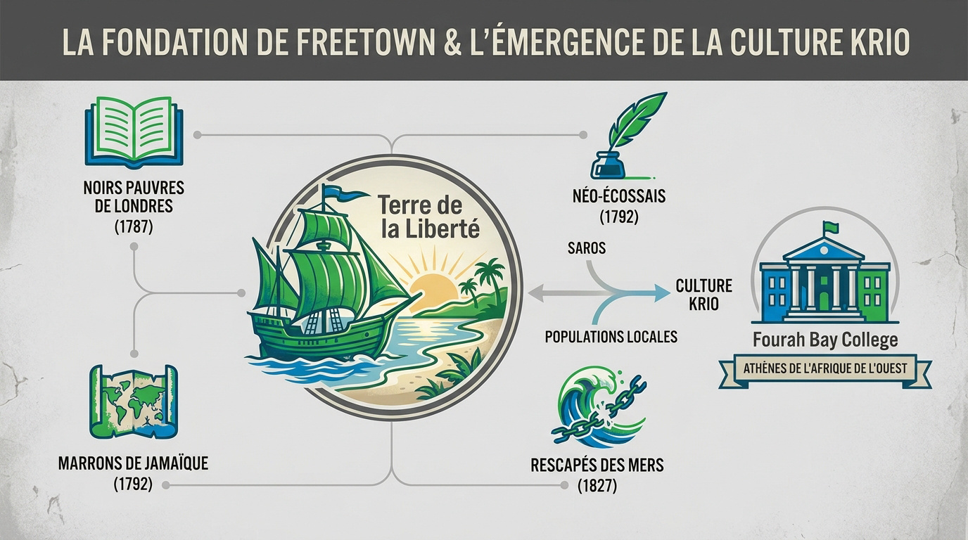 Illustration historique de la fondation de Freetown et de la diversité culturelle Krio