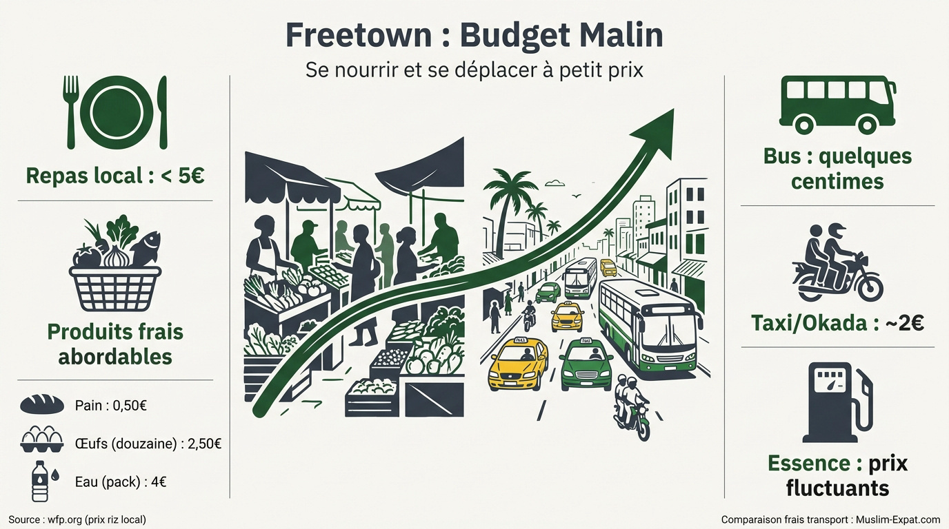 Marché local et transports colorés à Freetown pour un budget maîtrisé