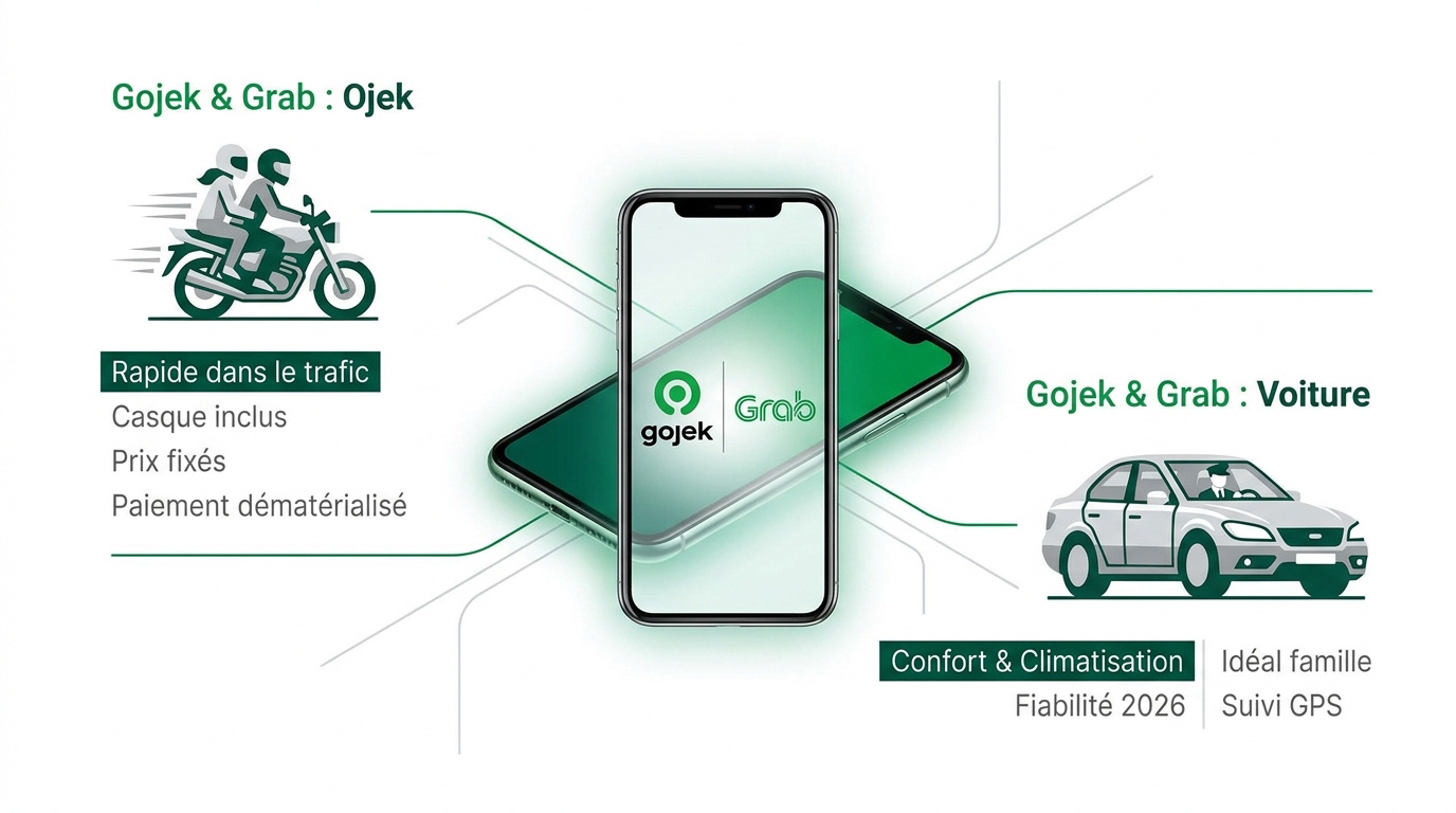 Chauffeurs de Gojek et Grab en scooter et voiture dans une rue indonésienne