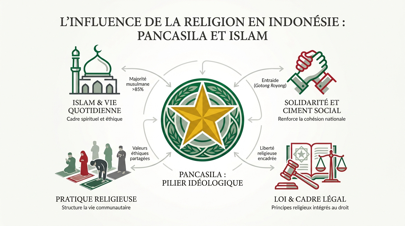Mosquée indonésienne et fidèles pratiquant la prière dans un cadre communautaire