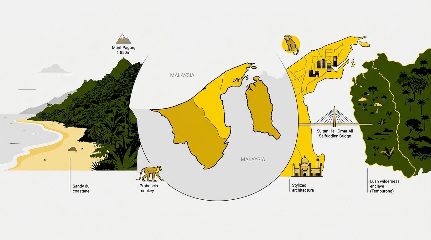 Infographie montrant la dualité entre la nature sauvage de Temburong et l'urbanisme moderne de Brunei