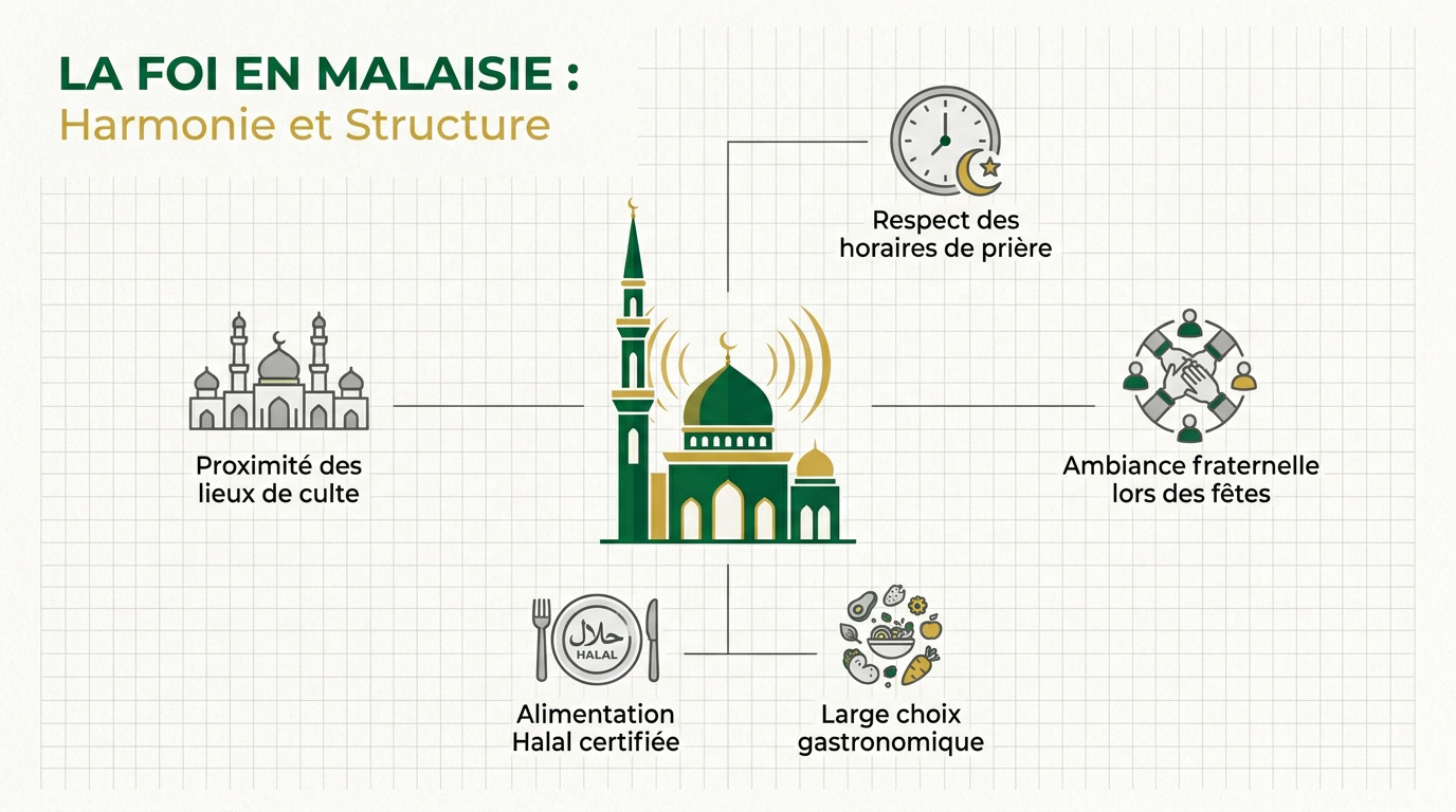 Infographie illustrant la pratique de l'islam et l'harmonie religieuse en Malaisie