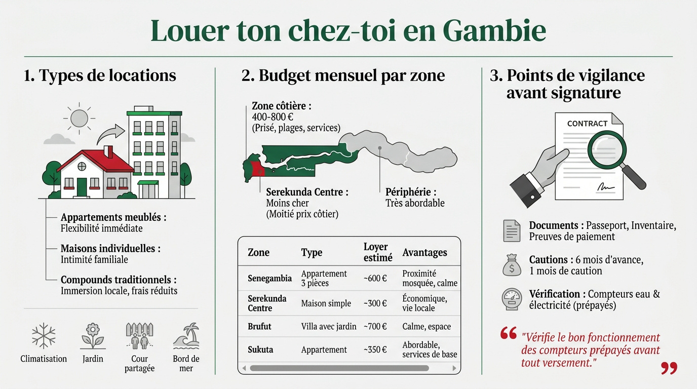 Infographie sur les types de logements et la location en Gambie