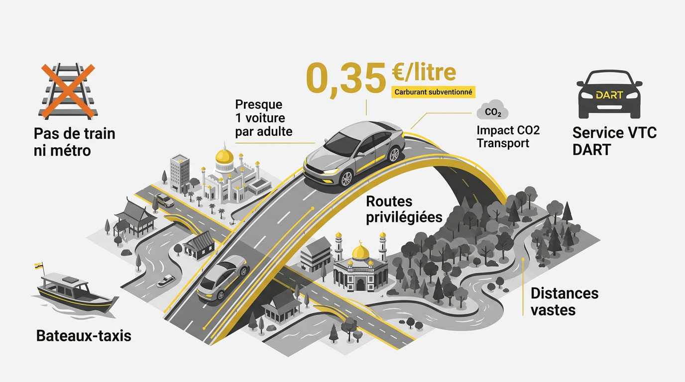 Infographie sur les modes de transport au Brunei incluant voiture, bus et bateaux-taxis
