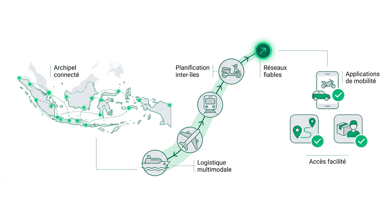 Infographie des transports en Indonésie : avion, train, ferry et applications mobiles