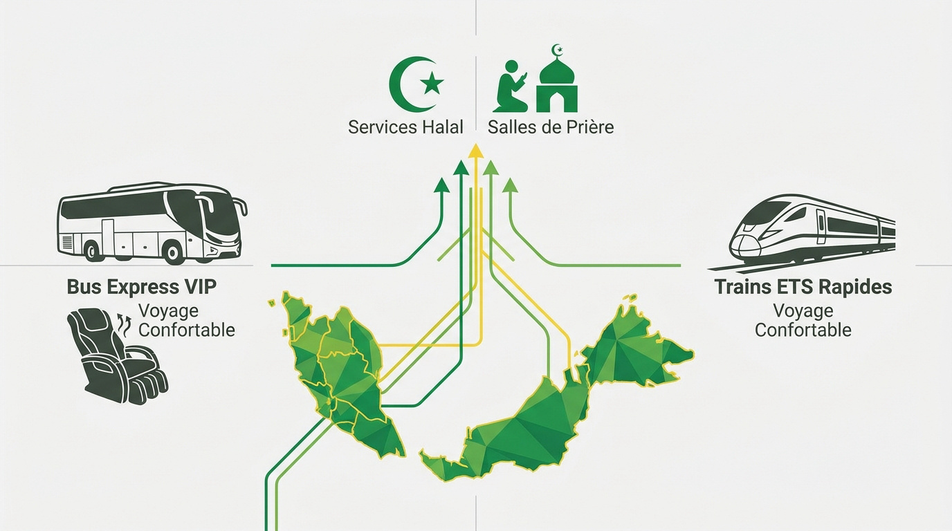 Infographie des services de transport et commodités pour musulmans en Malaisie