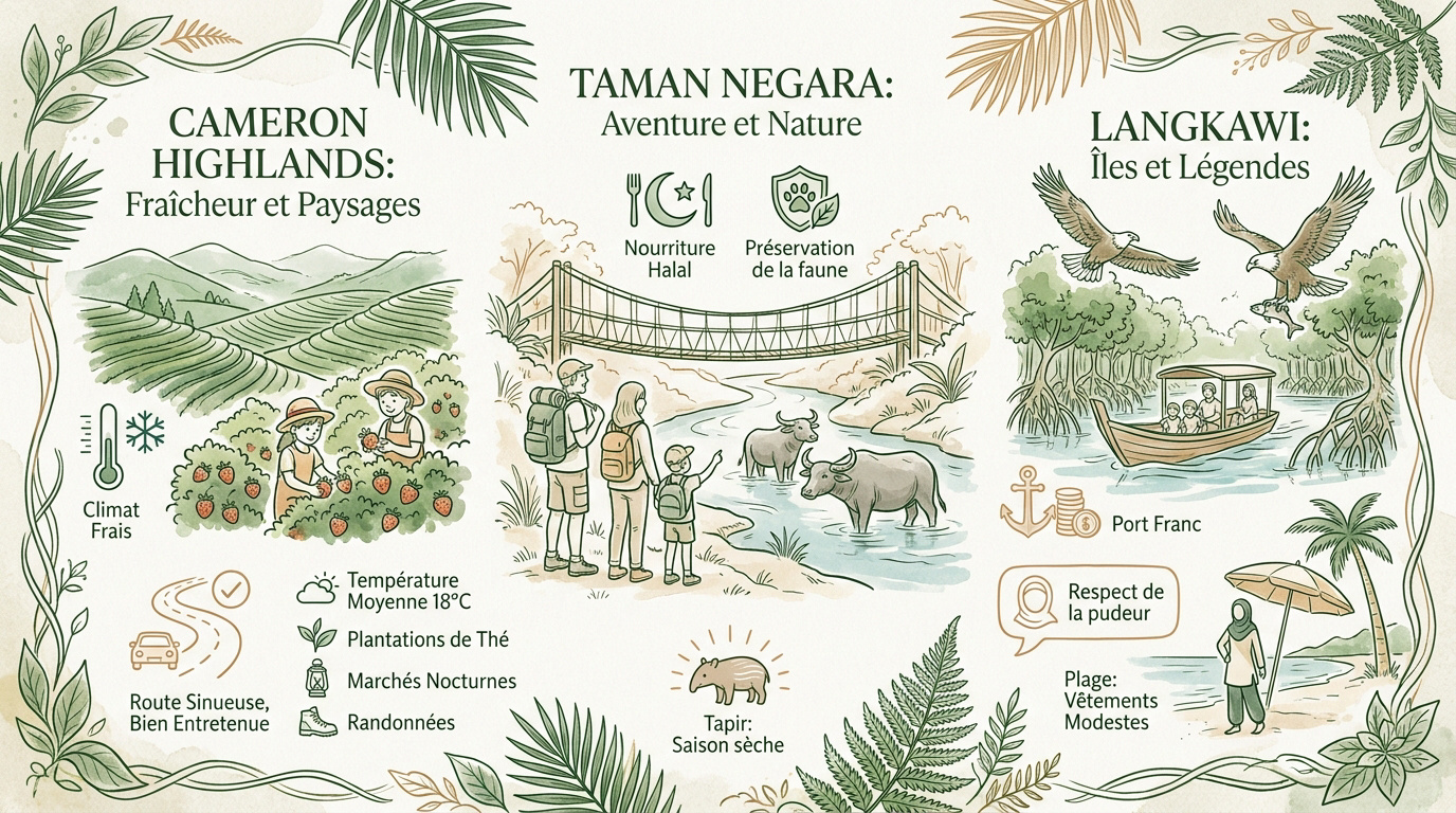 Infographie présentant les meilleures destinations nature pour les familles en Malaisie