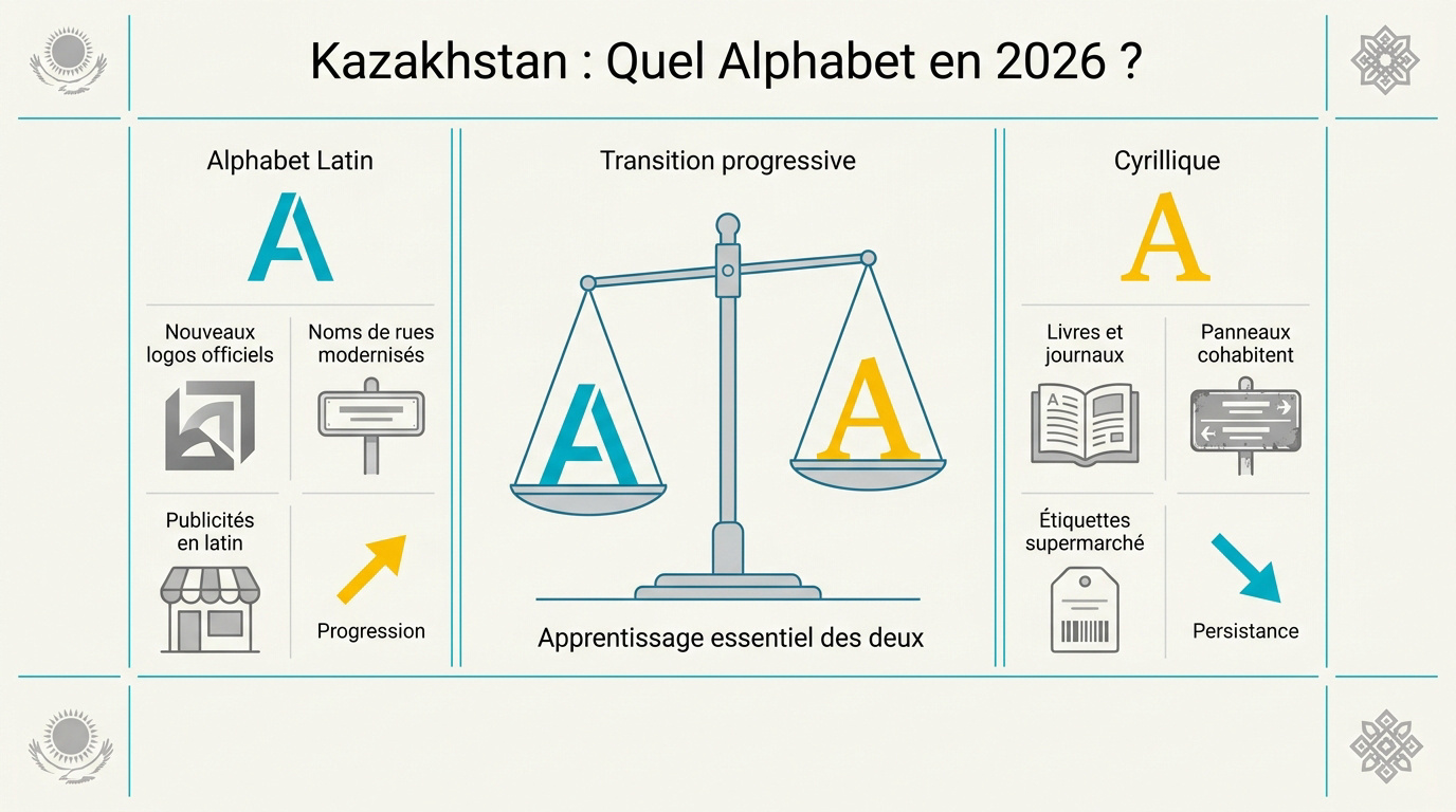 Transition entre l'alphabet cyrillique et latin dans les rues du Kazakhstan en 2026