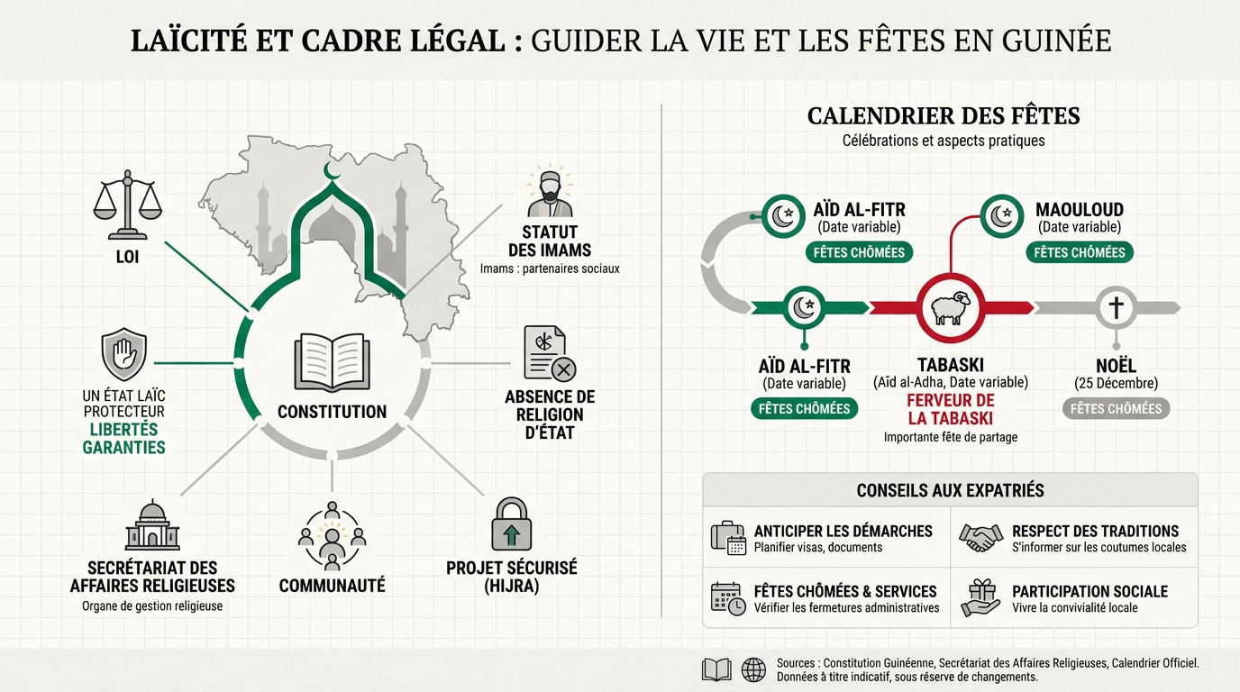 Mosquée et symboles de l'État en Guinée représentant la laïcité