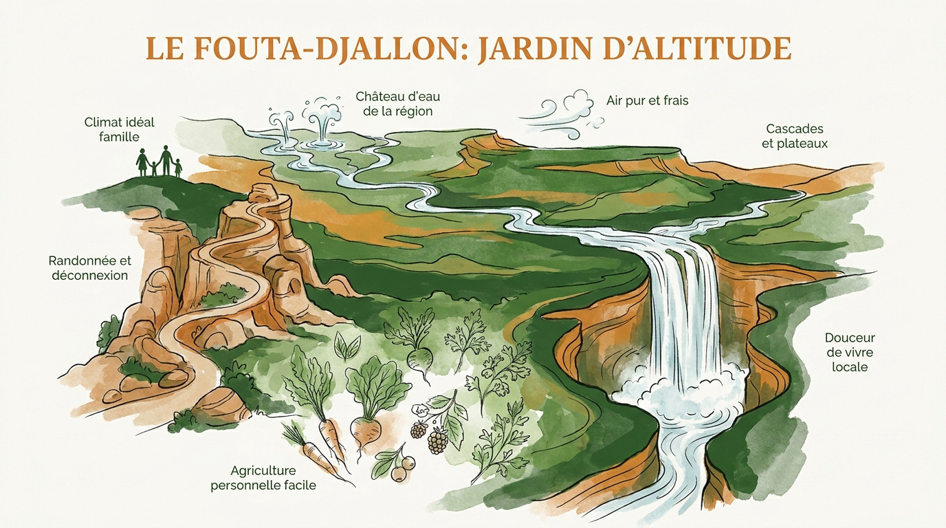 Paysage verdoyant des plateaux du Fouta-Djallon en Guinée avec cascades