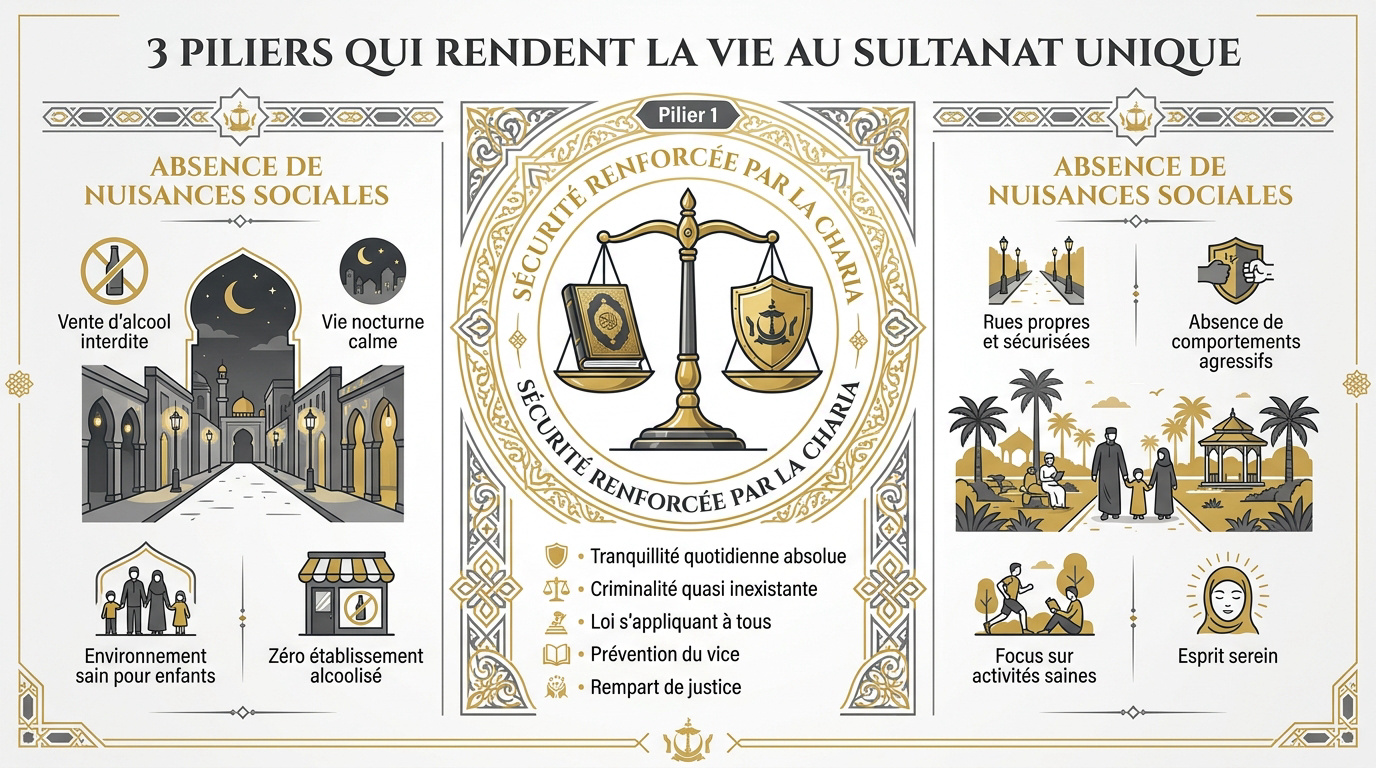 Mosquée majestueuse et rues paisibles illustrant la sérénité et la sécurité au Brunei