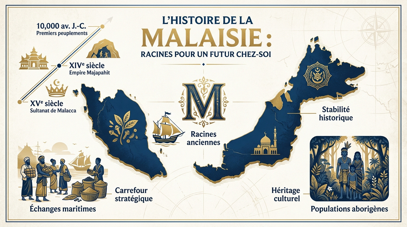 Paysage historique de Malaisie illustrant l'héritage culturel et la stabilité du pays