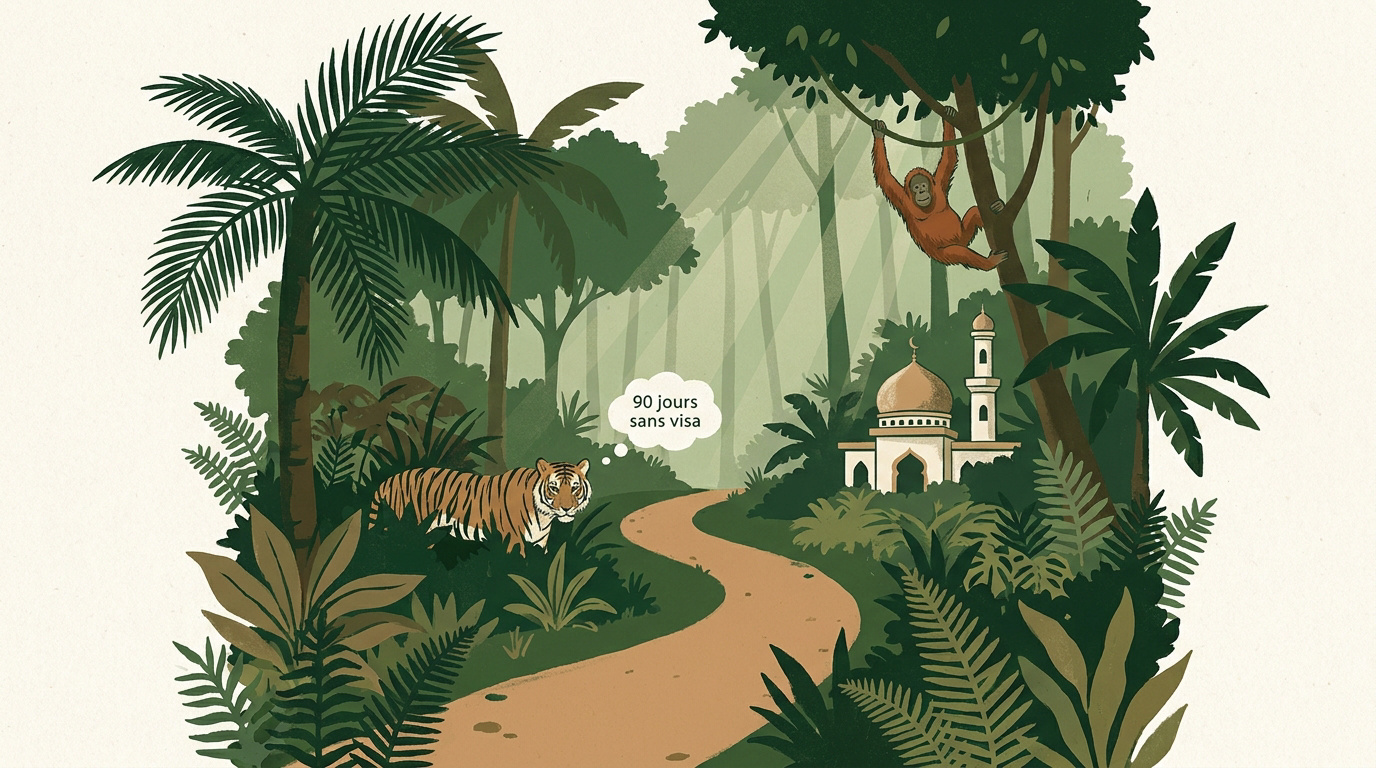 Nature sauvage en Malaisie avec une mosquée en arrière-plan illustrant la sérénité spirituelle