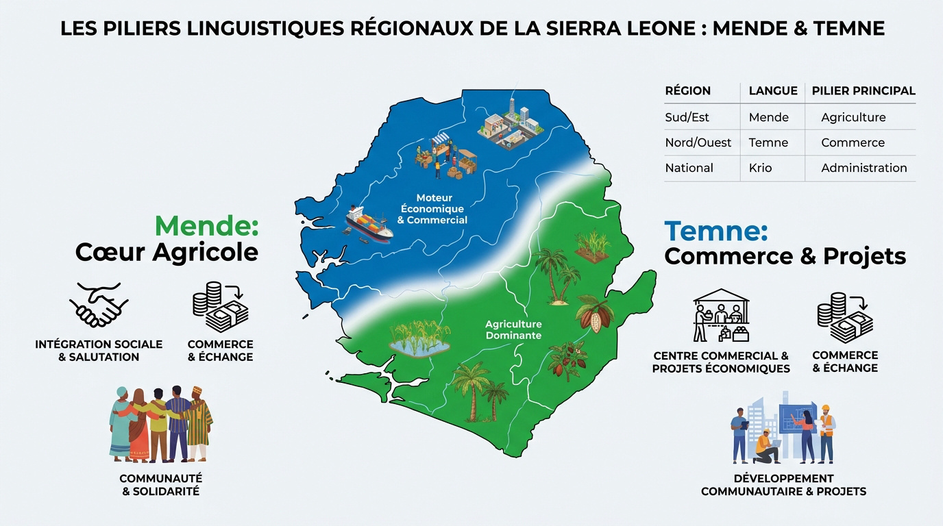 Carte linguistique illustrant les zones d'influence du mende et du temne en Sierra Leone