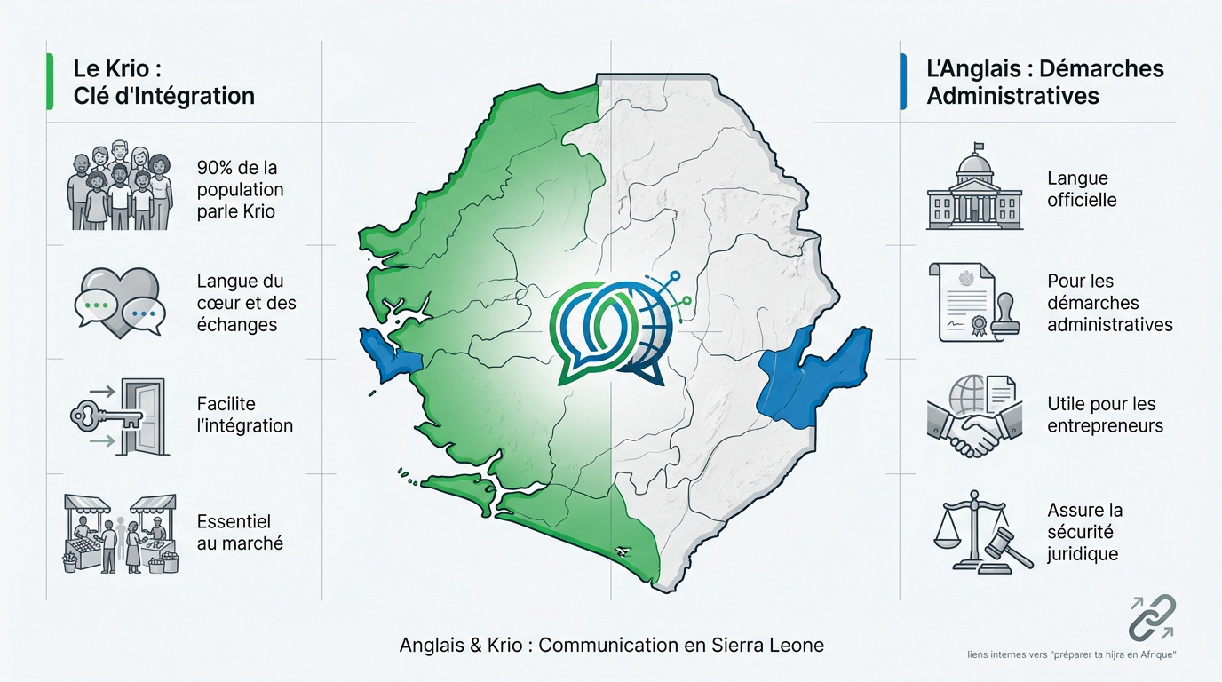 Marché animé en Sierra Leone où les habitants échangent en krio et anglais