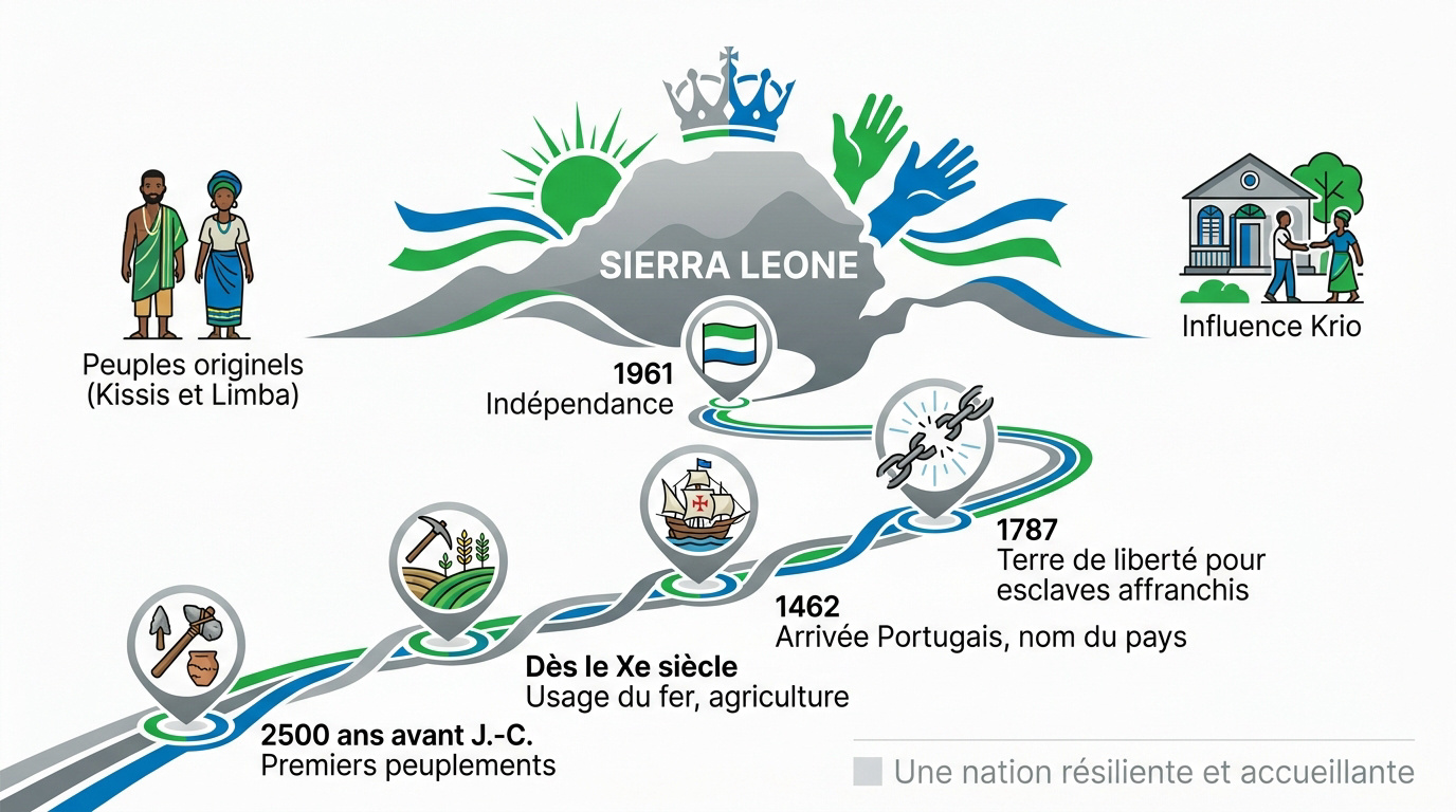 Paysage historique de la Sierra Leone montrant la côte et les montagnes du lion