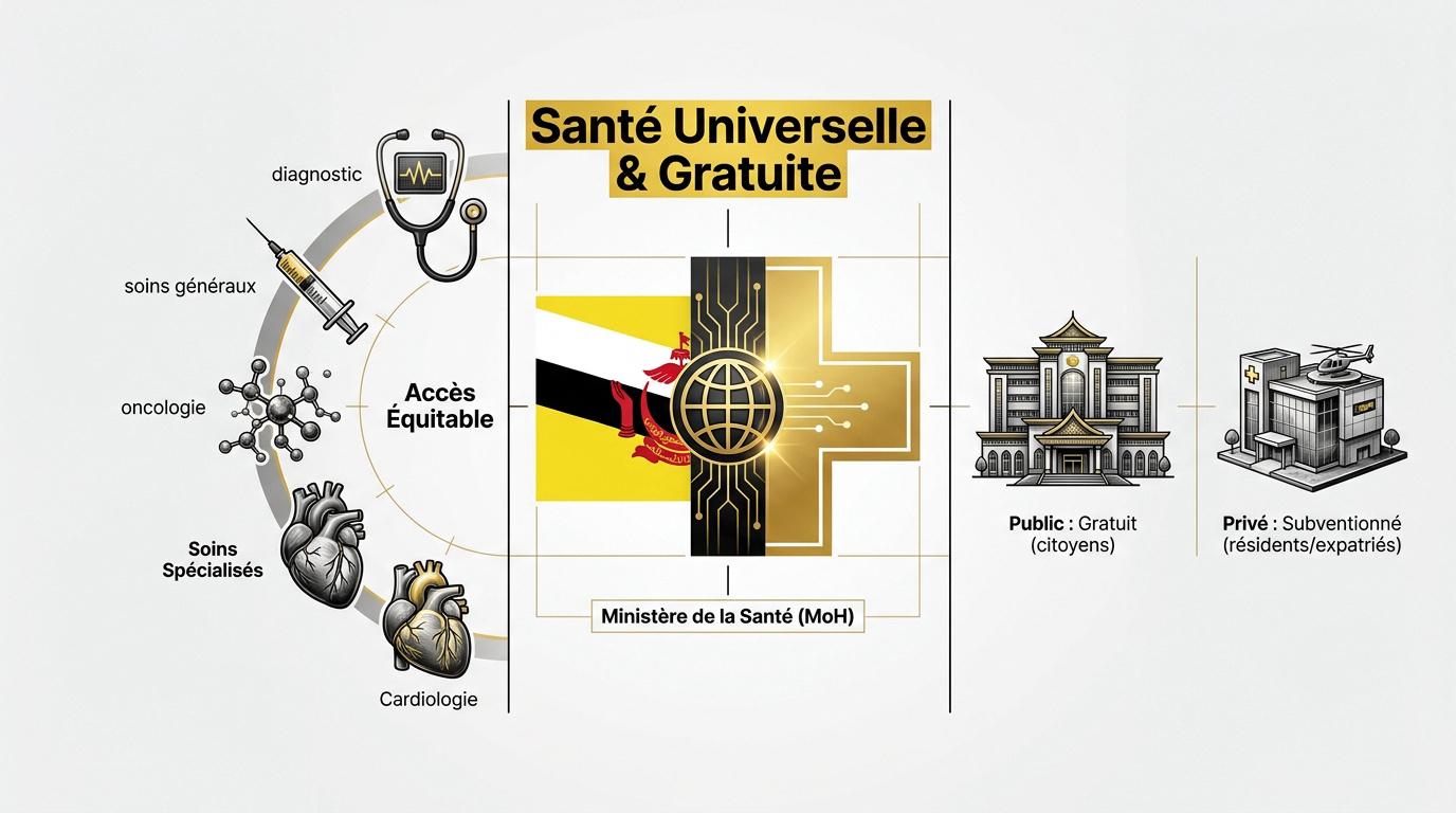 Hôpital moderne à Brunei illustrant le système de santé universel et gratuit pour les citoyens