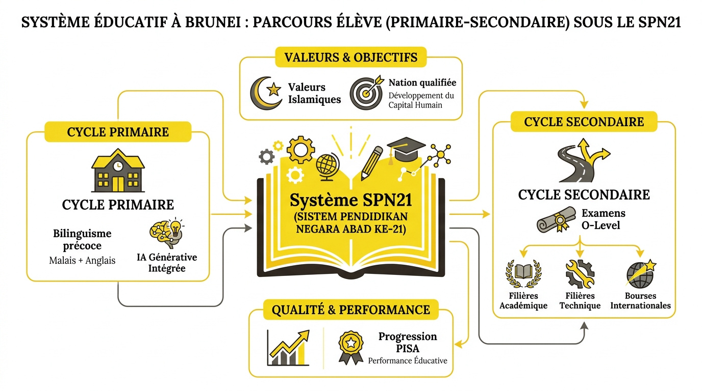 Schéma du parcours scolaire SPN21 à Brunei incluant le primaire et le secondaire