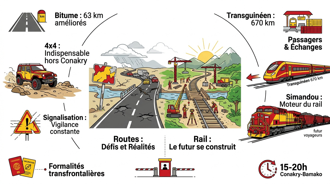 Comparaison entre les routes goudronnées et les futures infrastructures ferroviaires en Guinée
