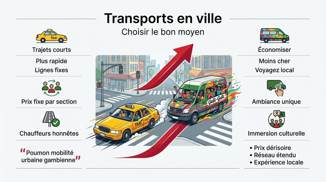 Comparaison entre un taxi jaune et un gelli-gelli dans les rues de Gambie
