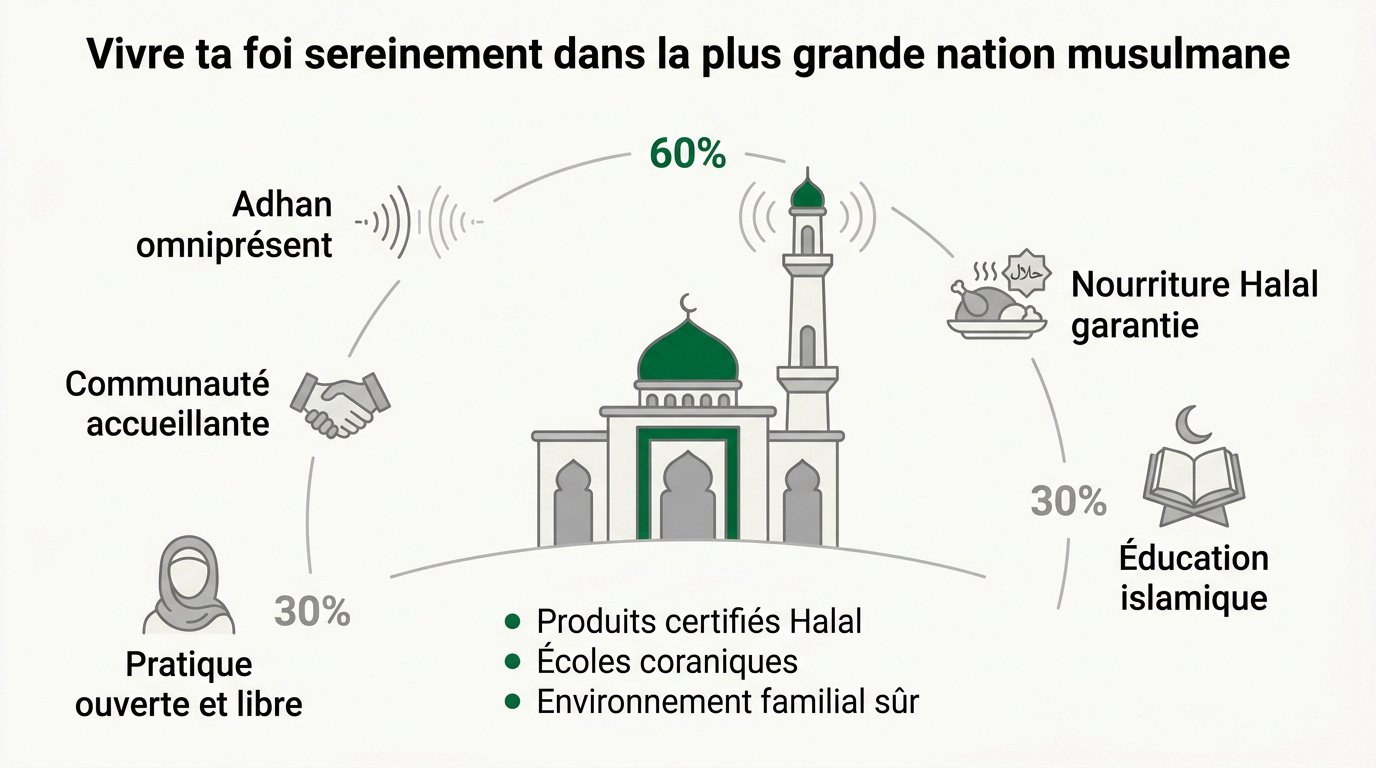 Famille musulmane expatriée souriante devant une mosquée en Indonésie