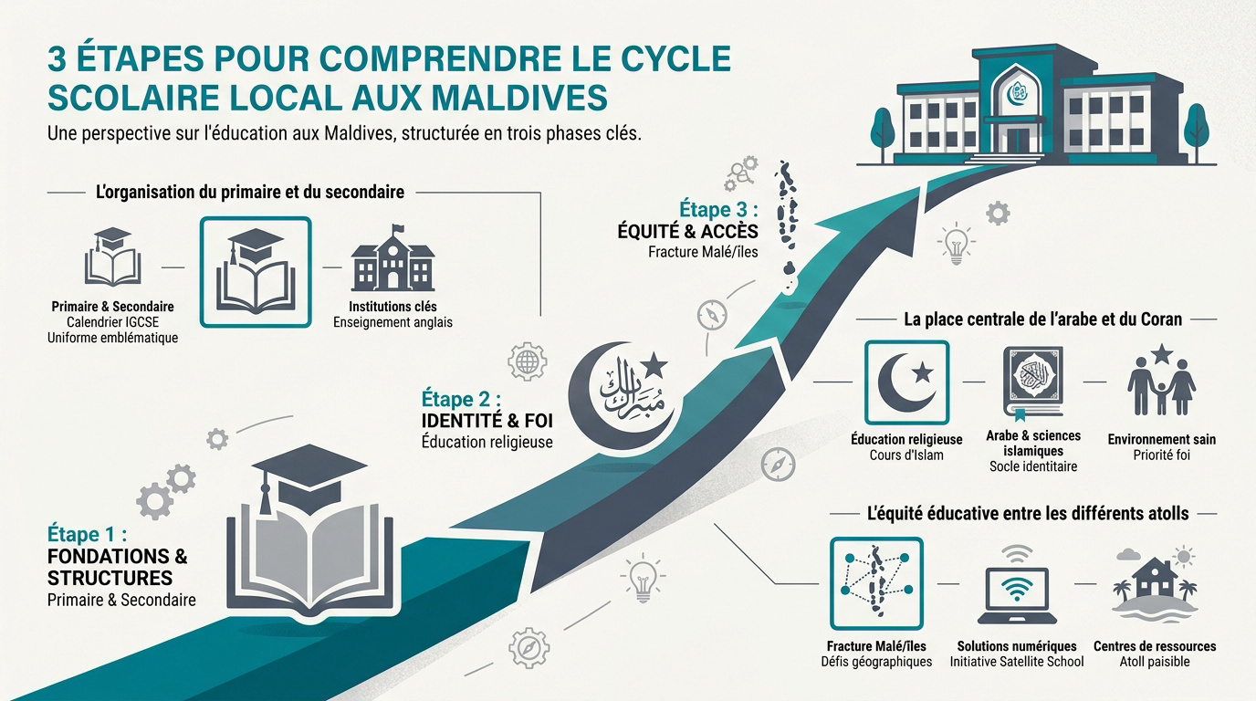 Écoliers aux Maldives devant leur établissement scolaire