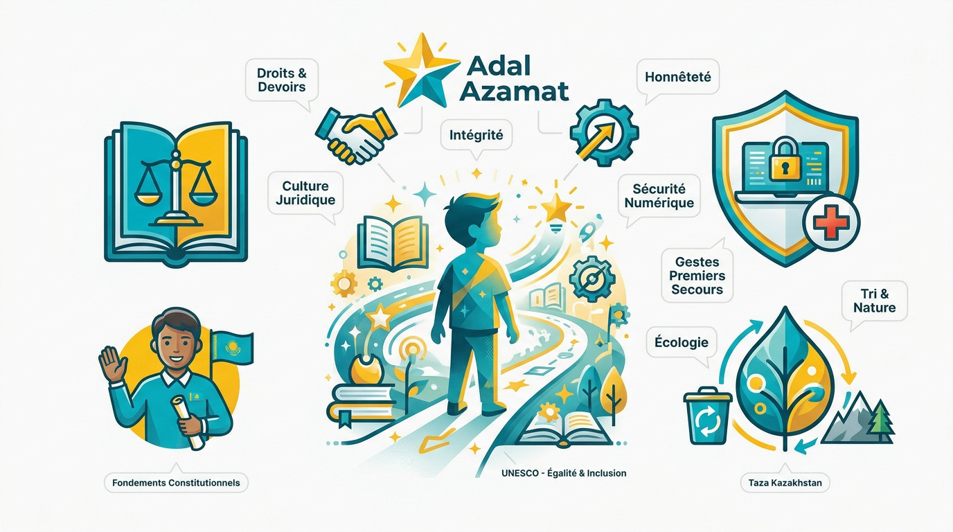 Enfants à l'école au Kazakhstan apprenant les valeurs du programme Adal Azamat