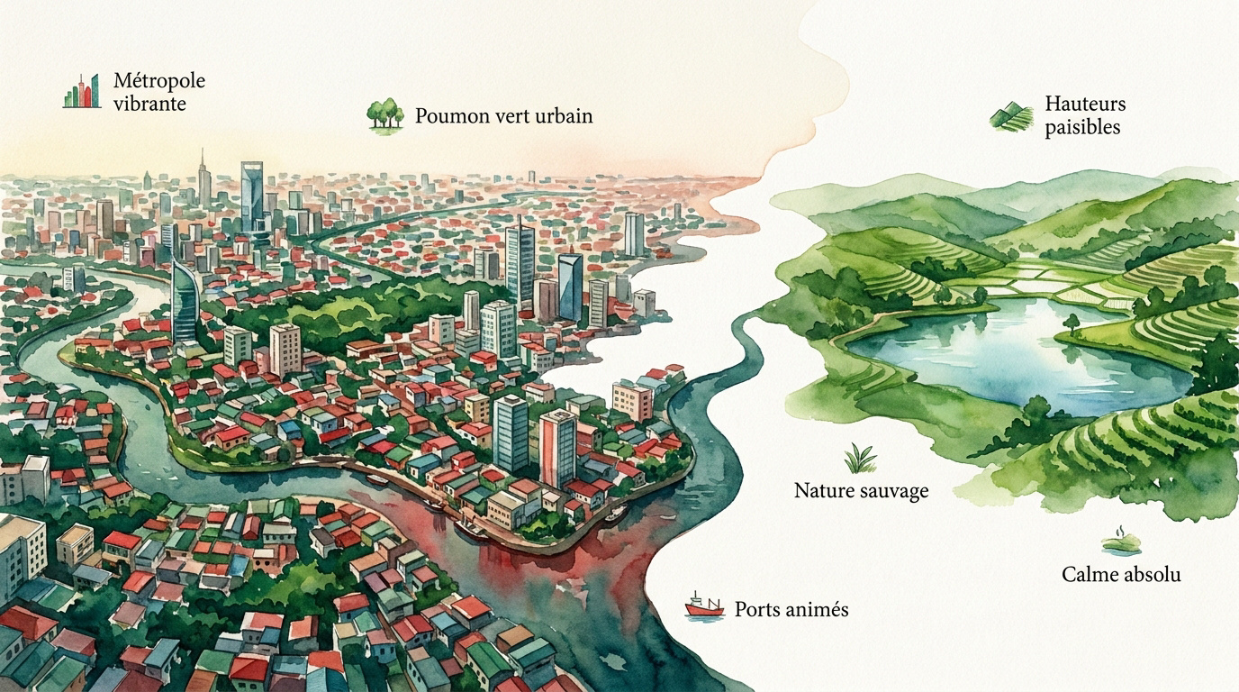 Vue aérienne contrastée entre la densité urbaine de Dhaka et la nature sauvage du Bangladesh