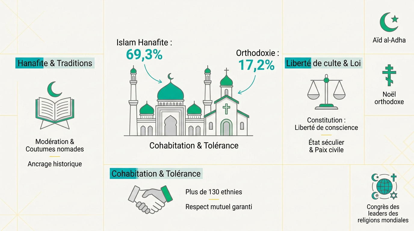 Mosquée et architecture traditionnelle au Kazakhstan illustrant la coexistence religieuse