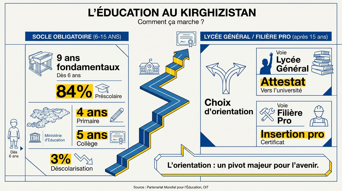 Élèves en classe au Kirghizistan suivant leur parcours scolaire