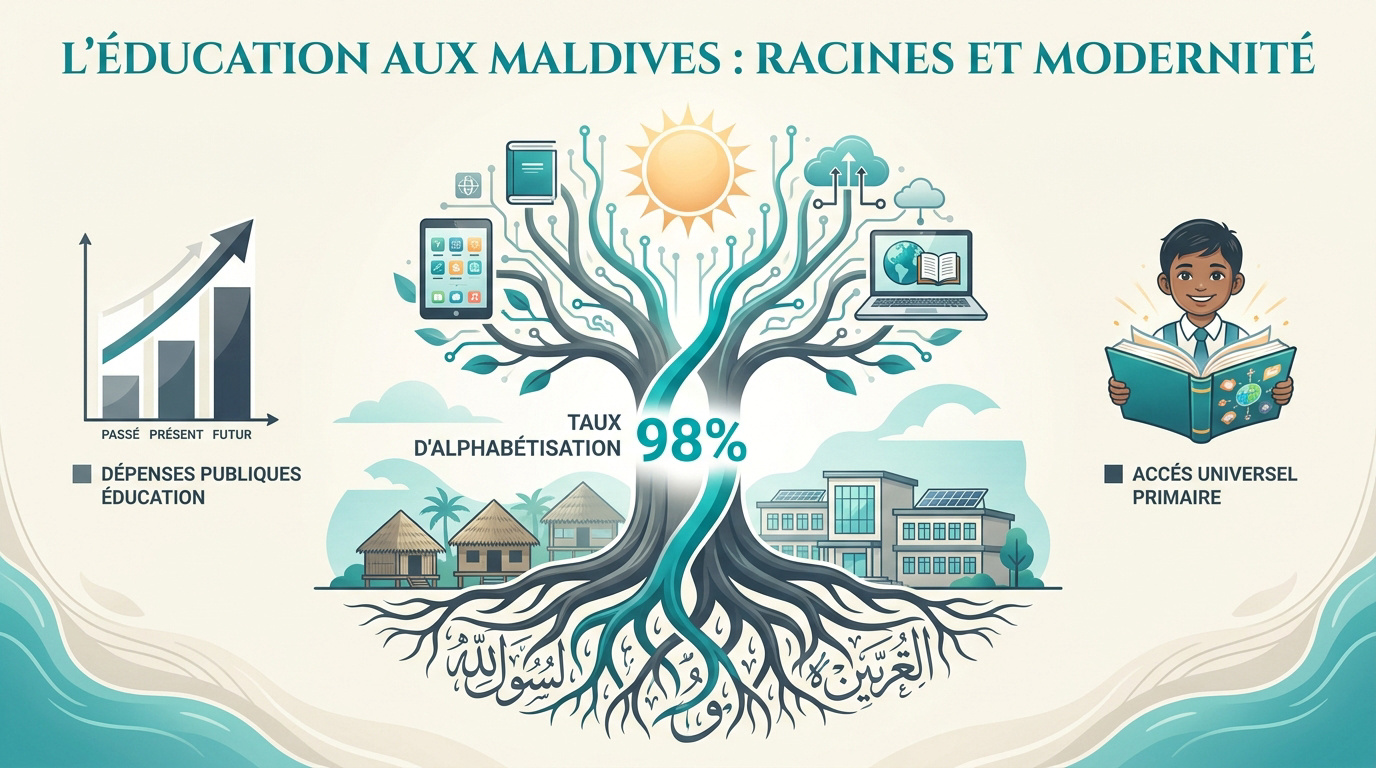 Enfants maldiviens en uniforme scolaire devant une école moderne sur un atoll