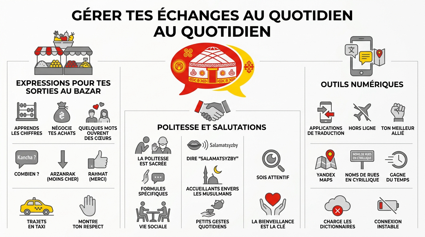 Marché traditionnel kirghize avec des commerçants locaux