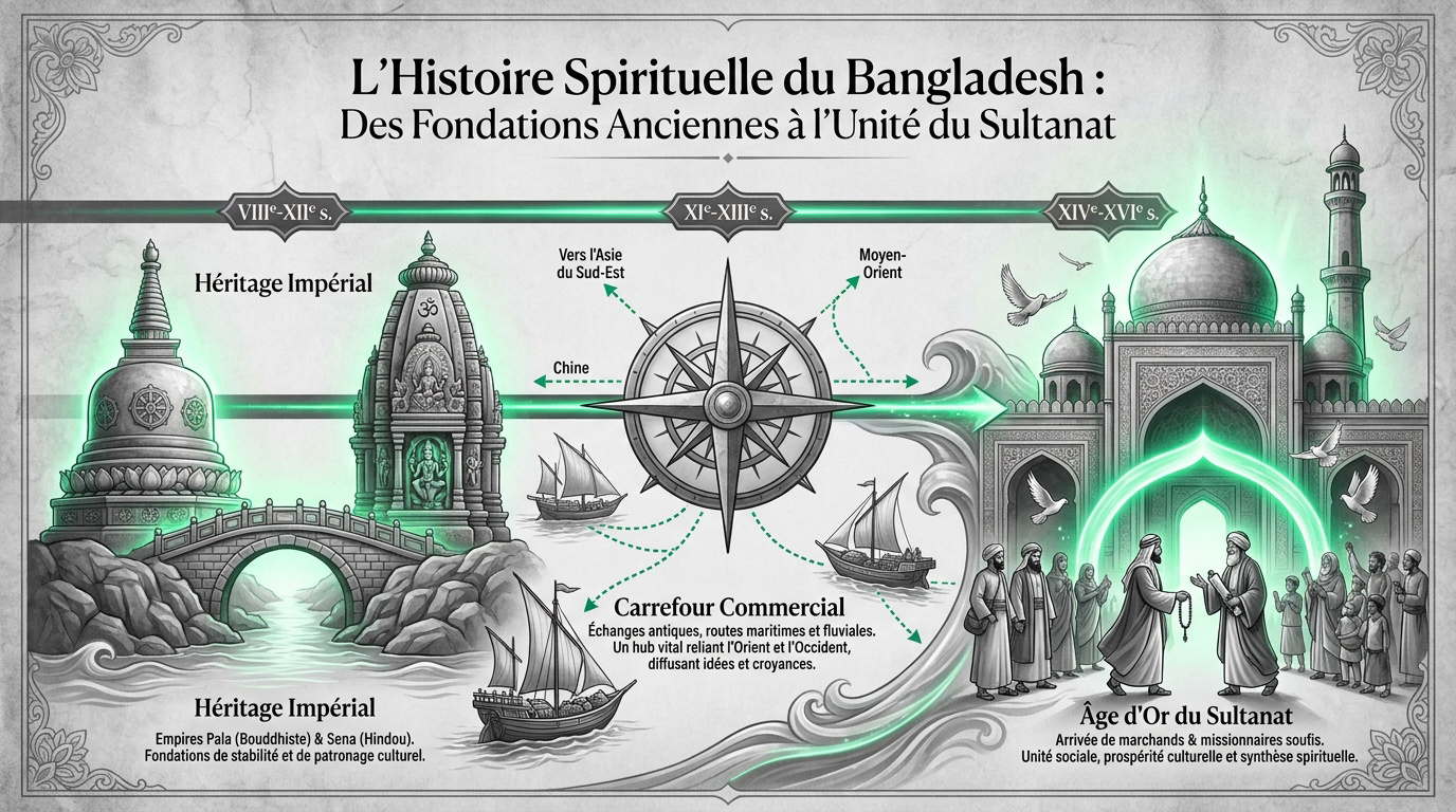 Illustration des fondations spirituelles et des sultanats historiques du Bangladesh
