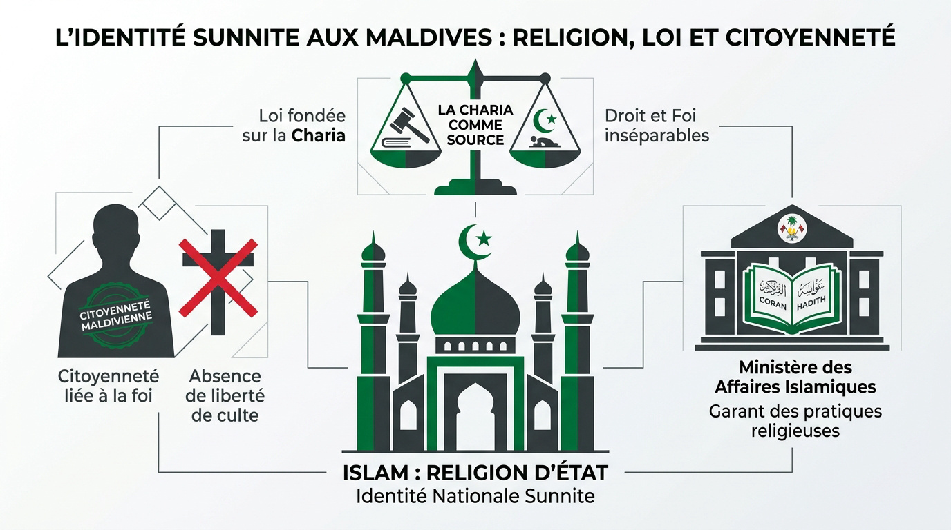 Mosquée traditionnelle et emblèmes de l'Islam sunnite aux Maldives représentant l'identité nationale