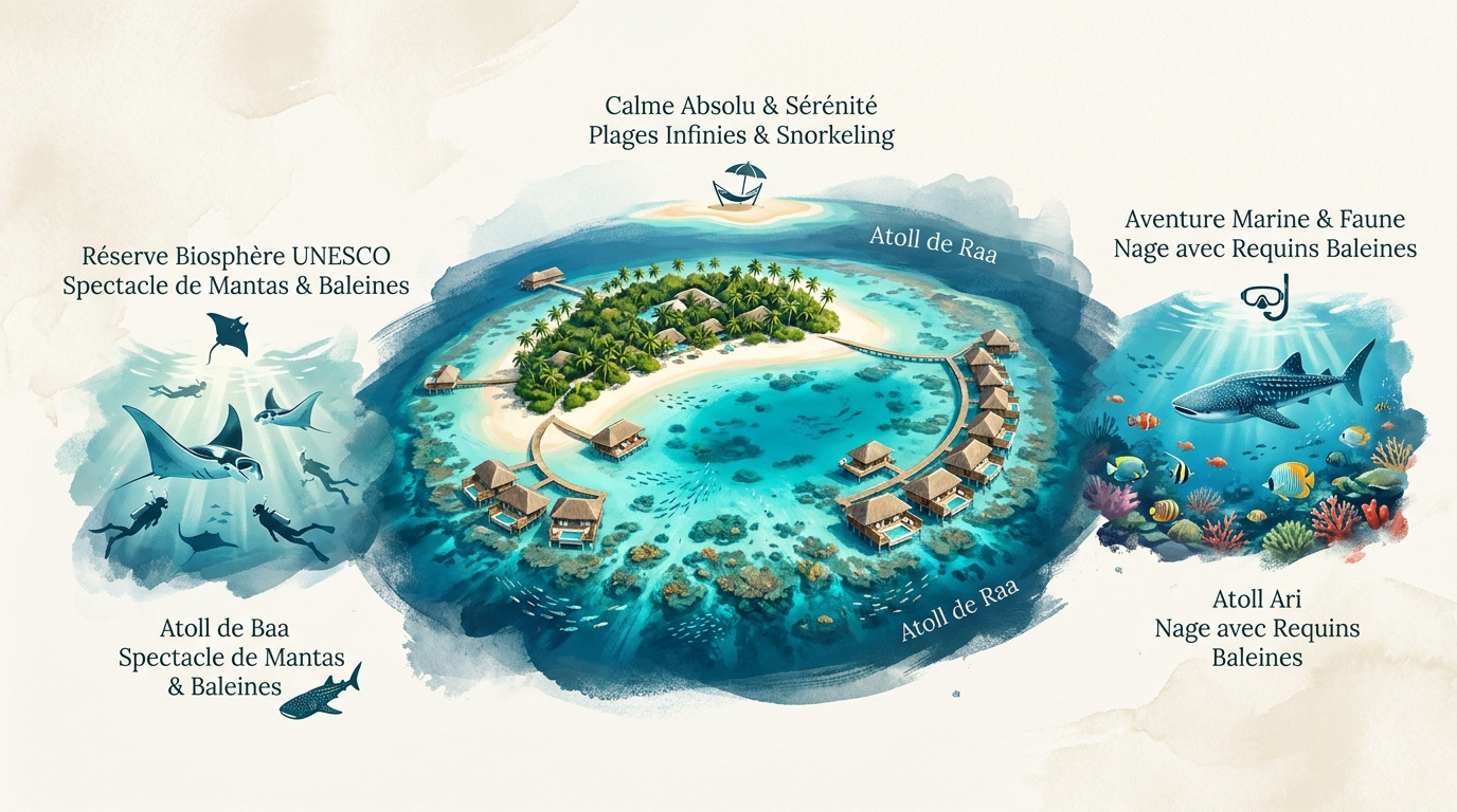 Infographie présentant les atolls paradisiaques des Maldives pour une expatriation