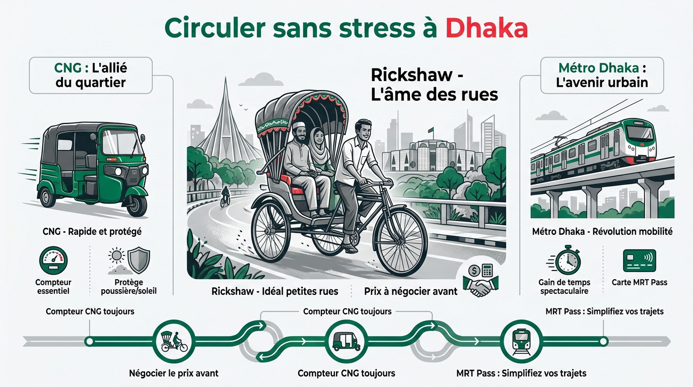 Infographie sur les différents modes de transport et la circulation à Dhaka au Bangladesh